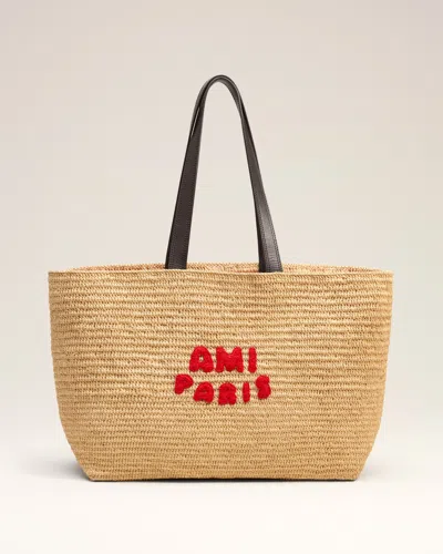 Ami Alexandre Mattiussi Logo-patch Tote Bag In Natural / Red