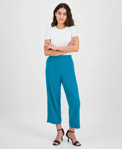 Ak Anne Klein Petite Textured Pull-on Mid-rise Wide-leg Pants In Tropical Blue