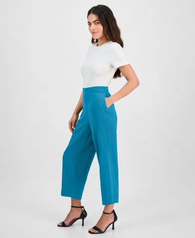 Ak Anne Klein Petite Textured Pull-on Mid-rise Wide-leg Pants In Tropical Blue