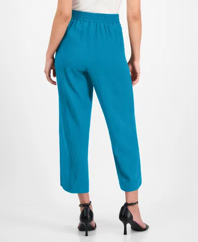 Ak Anne Klein Petite Textured Pull-on Mid-rise Wide-leg Pants In Tropical Blue