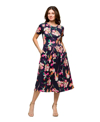 24seven Comfort Apparel Women's Navy Floral Short Sleeve Pleated Flare Midi Pocket Dress In Multi