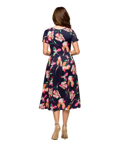 24seven Comfort Apparel Women's Navy Floral Short Sleeve Pleated Flare Midi Pocket Dress In Multi