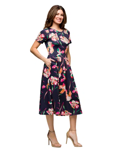 24seven Comfort Apparel Women's Navy Floral Short Sleeve Pleated Flare Midi Pocket Dress In Multi