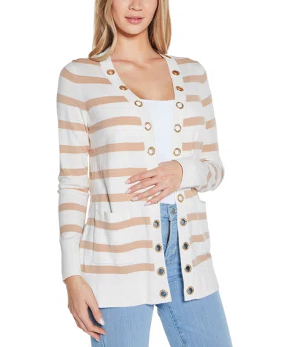 Belldini Women's Rhinestone Grommet Striped Open-front Cardigan Sweater In Multi