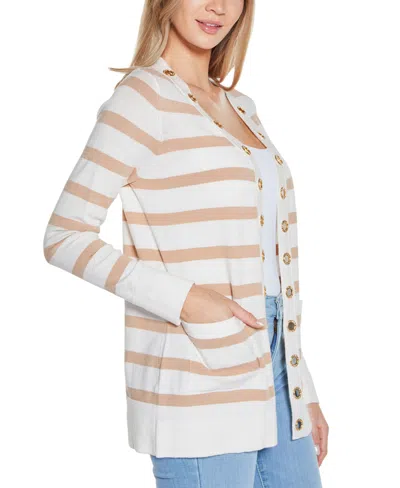 Belldini Women's Rhinestone Grommet Striped Open-front Cardigan Sweater In Multi