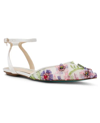 Betsey Johnson Garbo Jeweled Flats Women's Ivory Multi Ankle Strap Gal2057 In Multi