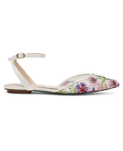 Betsey Johnson Garbo Jeweled Flats Women's Ivory Multi Ankle Strap Gal2057 In Multi