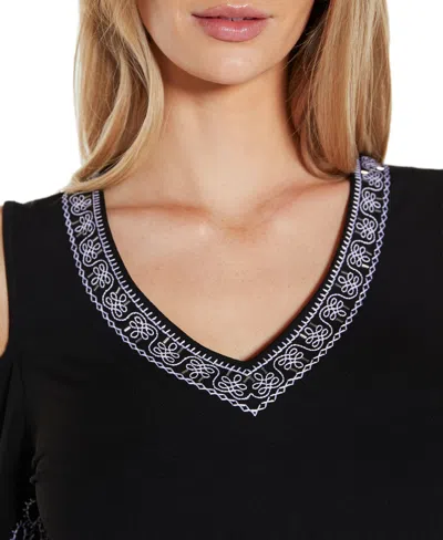 Belldini Women's Embroidered Cold-shoulder Knit Top In Black