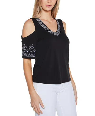 Belldini Women's Embroidered Cold-shoulder Knit Top In Black