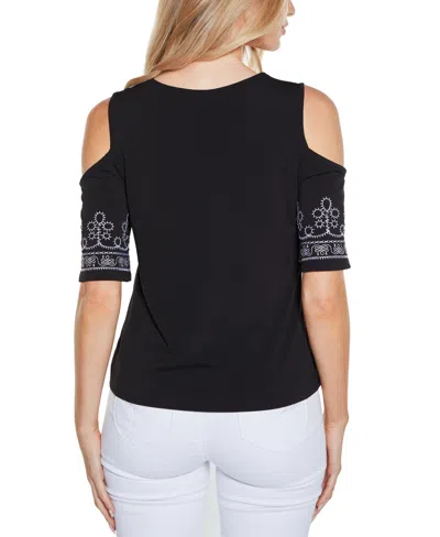 Belldini Women's Embroidered Cold-shoulder Knit Top In Black