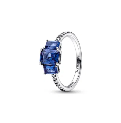Pandora Blue Rectangular Three Stone Sparkling Ring In Sterling Silver