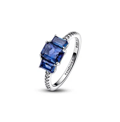 Pandora Blue Rectangular Three Stone Sparkling Ring In Sterling Silver