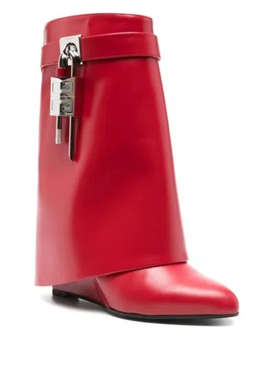 Givenchy Shark Lock Buckles Ankle Boots In Leather In Red