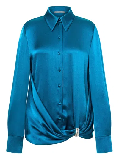Alberta Ferretti Draped Collared Shirt With Cuff Detail In Blue