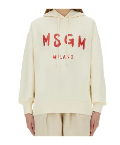 Msgm Brushed Logo Hoodie Ribbed Finish In Beige