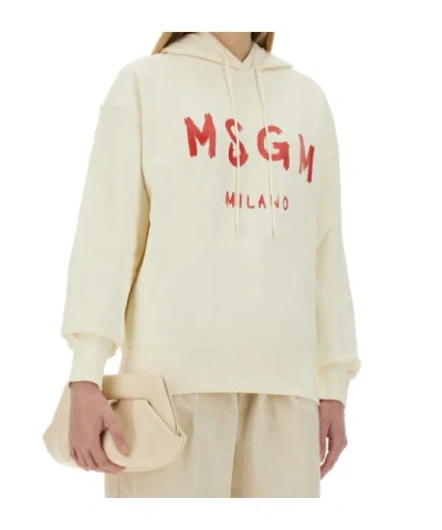 Msgm Brushed Logo Hoodie Ribbed Finish In Beige