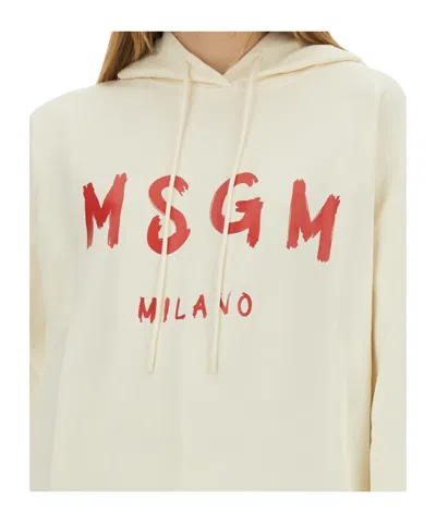 Msgm Brushed Logo Hoodie Ribbed Finish In Beige