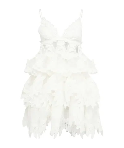 Zimmermann Crush Tiered Lace Mini Dress In White