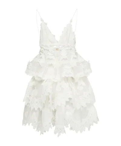 Zimmermann Crush Tiered Lace Mini Dress In White