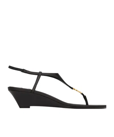 Saint Laurent Cassandra Smooth Leather Wedge Sandals In Black