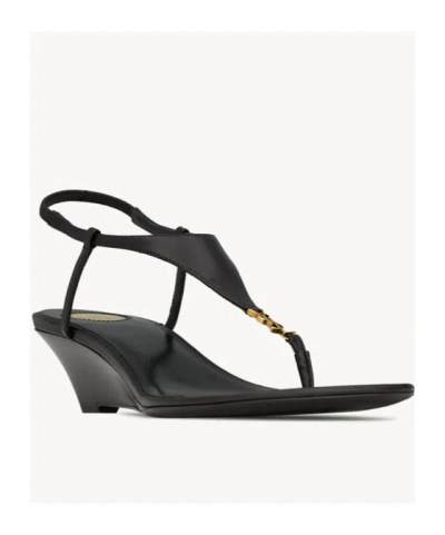 Saint Laurent Cassandra Smooth Leather Wedge Sandals In Black