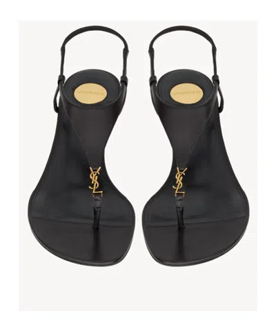 Saint Laurent Cassandra Smooth Leather Wedge Sandals In Black