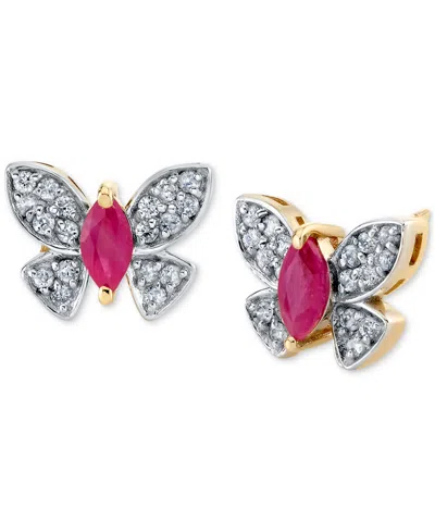 Macy's Ruby (1/2 Ct. T.w.) & Diamond (1/5 Ct. T.w.) Butterfly Stud Earrings In 14k Yellow Gold In Ruby