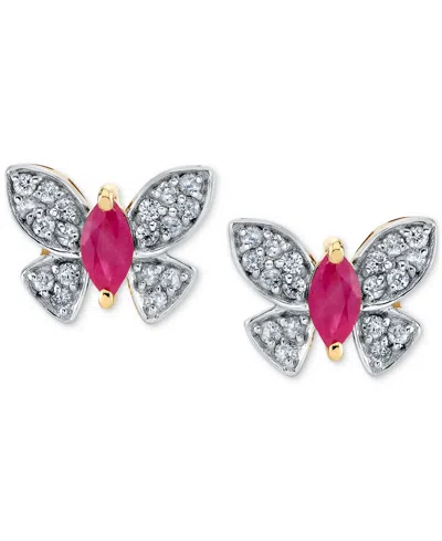 Macy's Ruby (1/2 Ct. T.w.) & Diamond (1/5 Ct. T.w.) Butterfly Stud Earrings In 14k Yellow Gold In Ruby