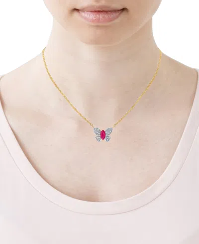 Macy's Ruby (1/2 Ct. T.w.) & Diamond (1/5 Ct. T.w.) Butterfly 18" Pendant Necklace In 14k Yellow Gold In Ruby