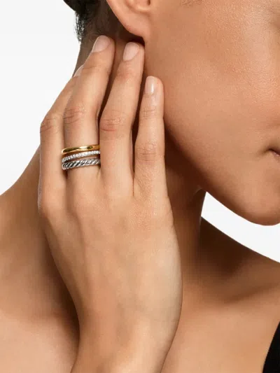 David Yurman 18k Yellow Gold And Sterling Silver Dy Mercer® Three Row Diamond Ring In Silver