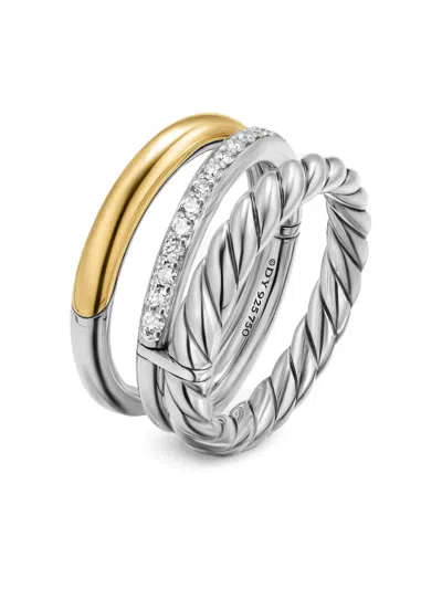 David Yurman 18k Yellow Gold And Sterling Silver Dy Mercer® Three Row Diamond Ring In Silver