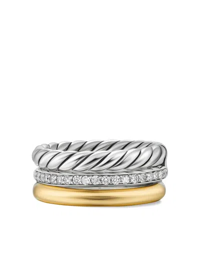 David Yurman 18k Yellow Gold And Sterling Silver Dy Mercer® Three Row Diamond Ring In Silver