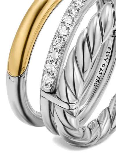 David Yurman 18k Yellow Gold And Sterling Silver Dy Mercer® Three Row Diamond Ring In Silver