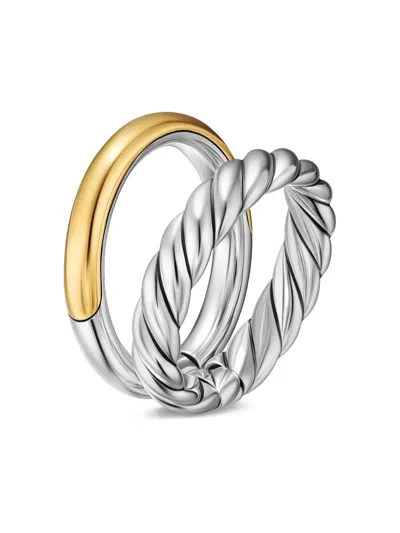David Yurman 18k Yellow Gold And Sterling Silver Dy Mercer® Three Row Diamond Ring In Silver