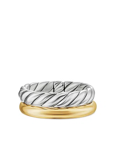 David Yurman 18k Yellow Gold And Sterling Silver Dy Mercer® Three Row Diamond Ring In Silver