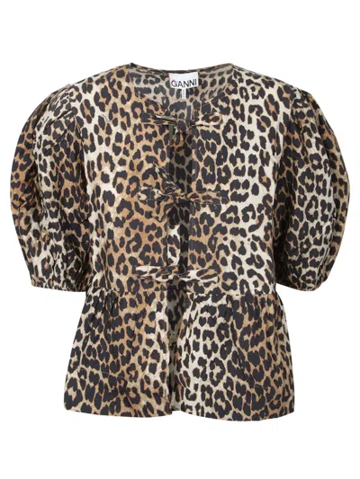 Ganni Leopard Cotton Shirt In Animal Print