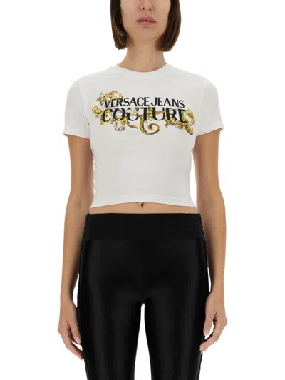 Versace Jeans Couture T-shirt With Crystals "outline Baroque" In White