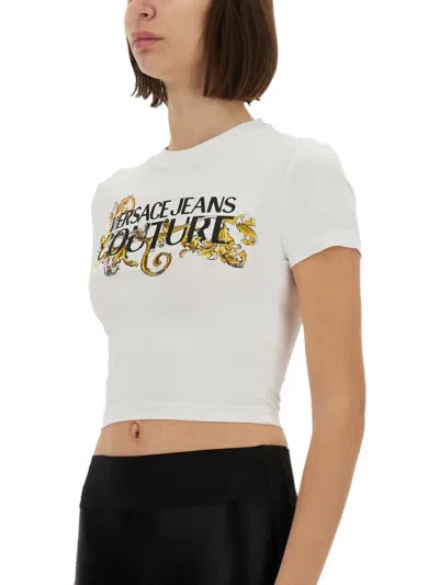 Versace Jeans Couture T-shirt With Crystals "outline Baroque" In White