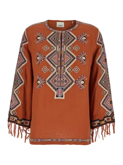 Isabel Marant Orange Silk Zelda Blouse In Animal Print