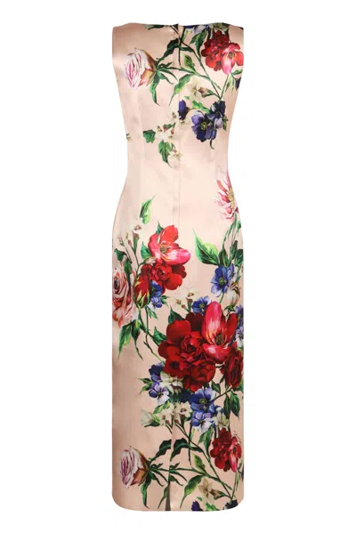 Dolce & Gabbana Flower Print Satin Sheath Longuette Dress In Black