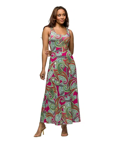 24seven Comfort Apparel Women's Hot Pink Paisley Print Scoop Neck A Line Sleeveless Maxi Dress In Pink Multi