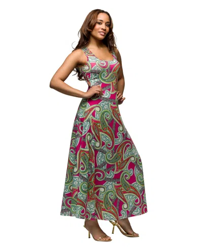 24seven Comfort Apparel Women's Hot Pink Paisley Print Scoop Neck A Line Sleeveless Maxi Dress In Pink Multi
