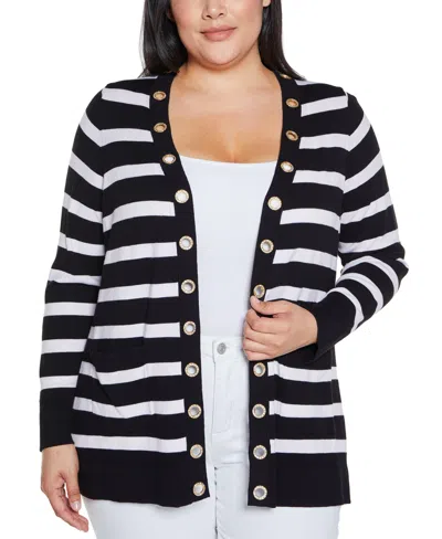 Belldini Plus Size Black Label Rhinestone Grommet Striped Open-front Cardigan Sweater In Multi