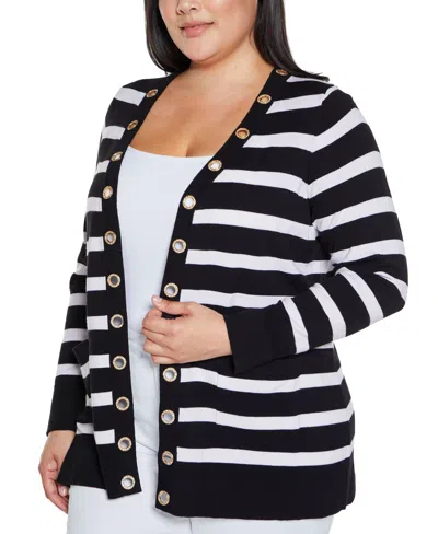 Belldini Plus Size Black Label Rhinestone Grommet Striped Open-front Cardigan Sweater In Multi
