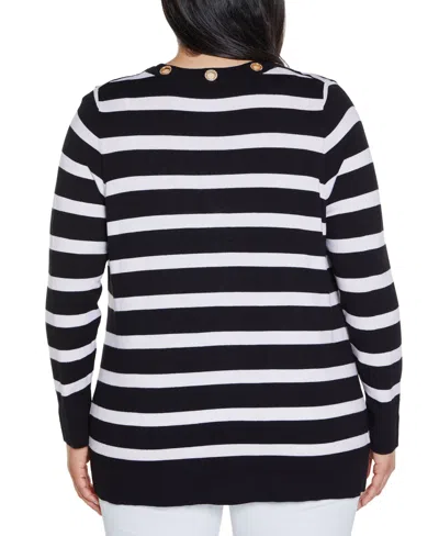 Belldini Plus Size Black Label Rhinestone Grommet Striped Open-front Cardigan Sweater In Multi