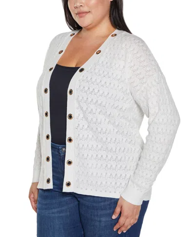 Belldini Plus Size Black Label Pointelle And Grommet Open Cardigan Sweater In White