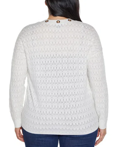 Belldini Plus Size Black Label Pointelle And Grommet Open Cardigan Sweater In White