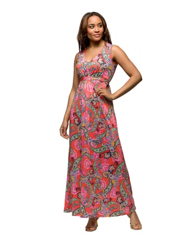 24seven Comfort Apparel Women's Pink Paisley Print V Neck Empire Waist Sleeveless Maxi Dress In Coral Mult