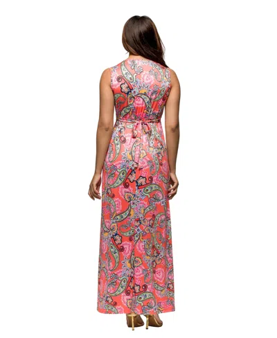 24seven Comfort Apparel Women's Pink Paisley Print V Neck Empire Waist Sleeveless Maxi Dress In Coral Mult