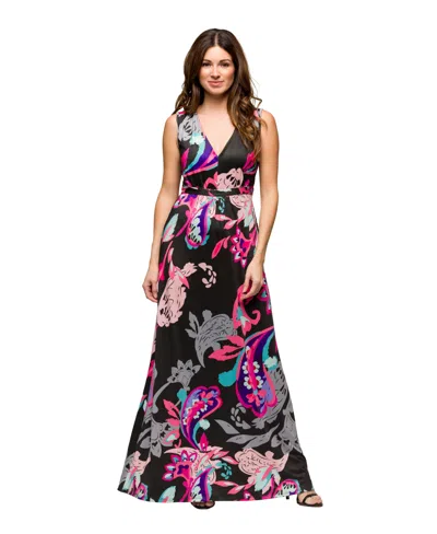 24seven Comfort Apparel Women's V Neck Empire Waist Sleeveless Maxi Dress In Multi